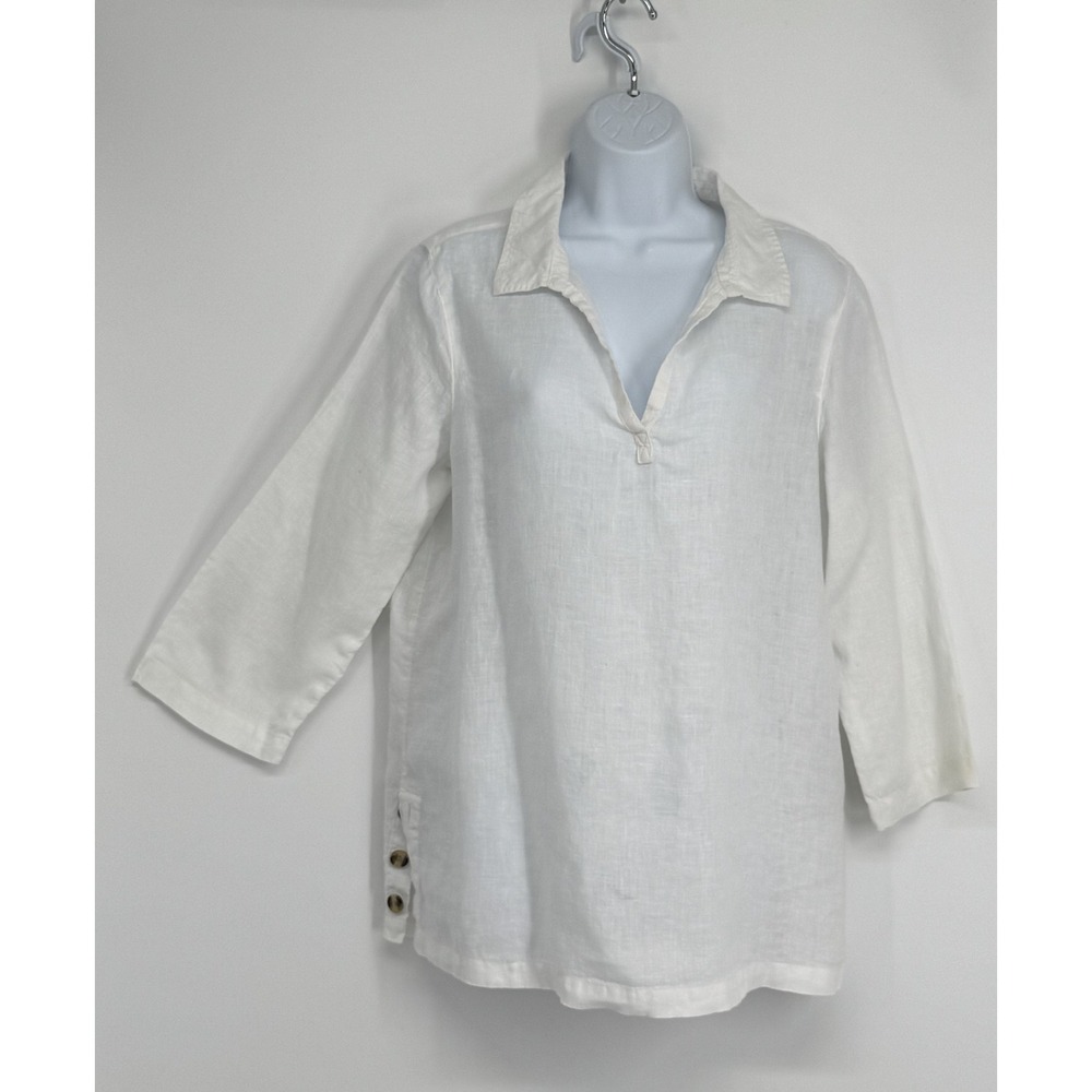 TAHARI Women White Linen 3/4 Sleeve Collared Pullover Top Size L Lagen Beach